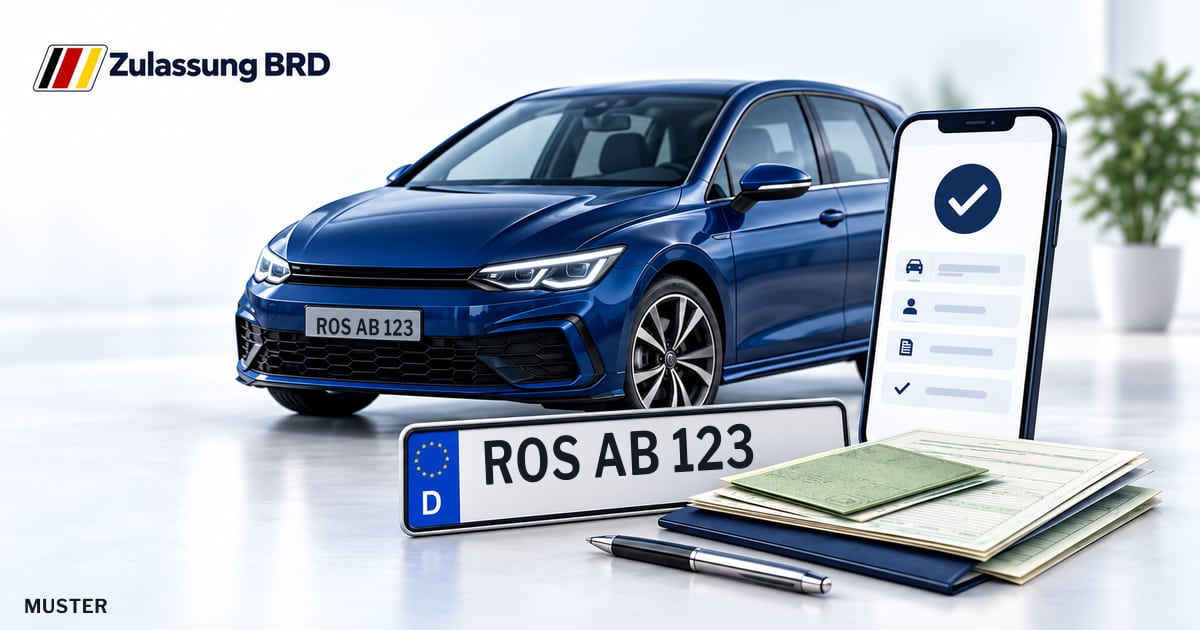 Online Fahrzeugzulassung in Landkreis Rostock: Musterkennzeichen ROS AB 123, Auto und Fahrzeugpapiere und Smartphone. Illustration mit Logo von Zulassung BRD.